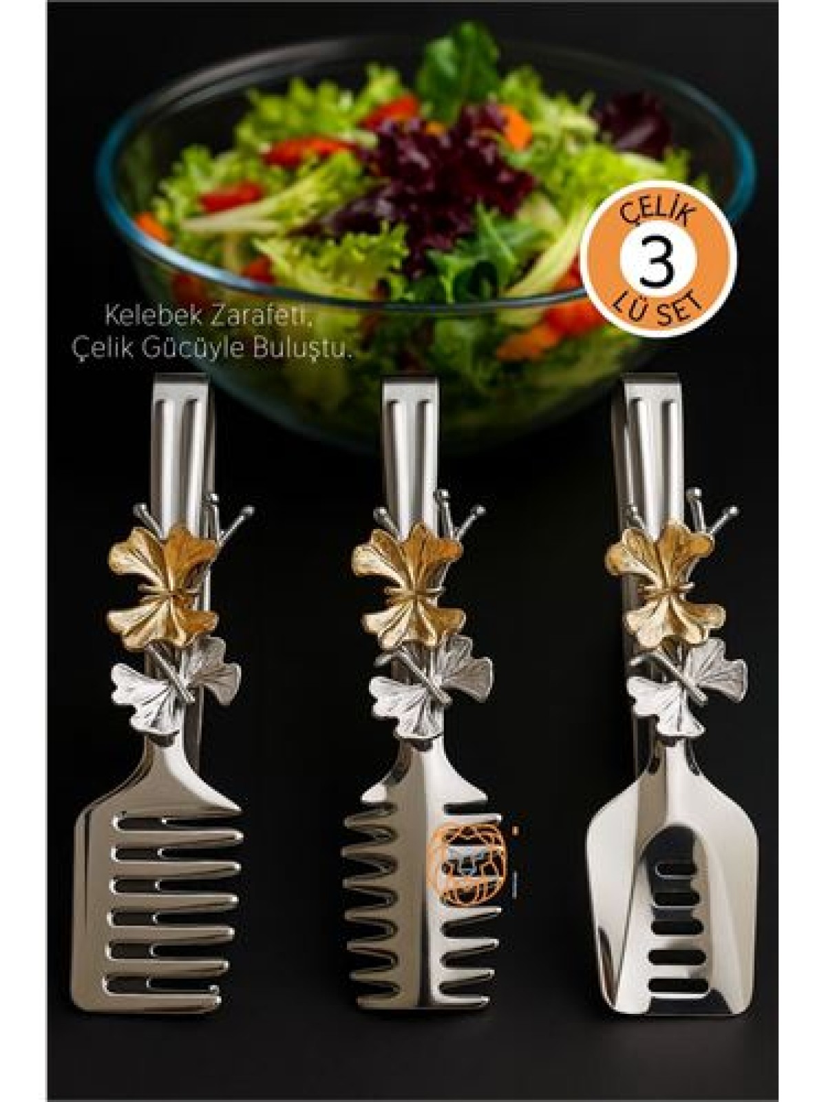 Kelebek Figürlü 3’lü Paslanmaz Çelik Servis Maşası Seti - Salata, Pasta ve Izgara Maşası