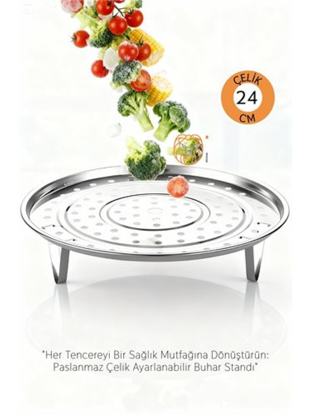 Inox Çelik Ayaklı Buharlı Pişirme Aparatı - 24 cm Çok Amaçlı Tencere İçi Haşlama Standı