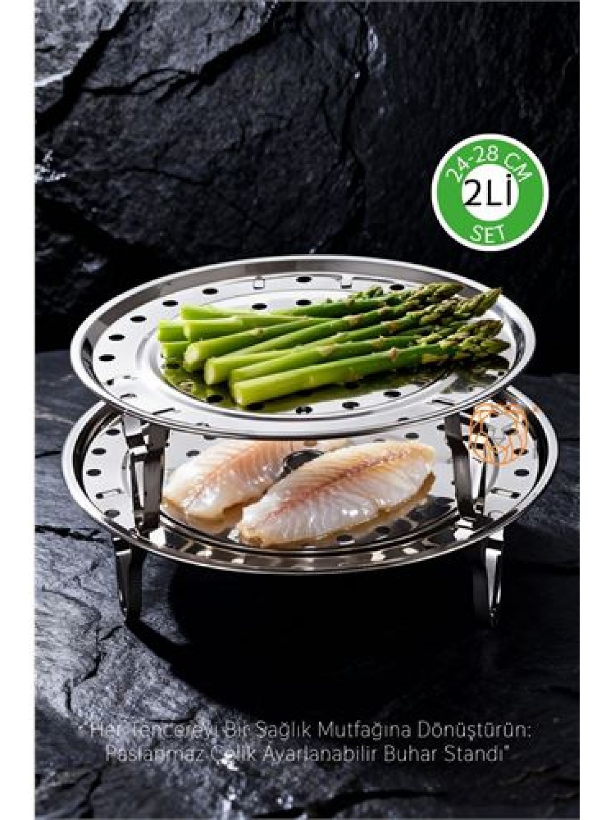 2'li Set Inox Çelik Ayaklı Buharlı Pişirme Aparatı -  24+28 cm Çok Amaçlı Tencere İçi Haşlama Standı