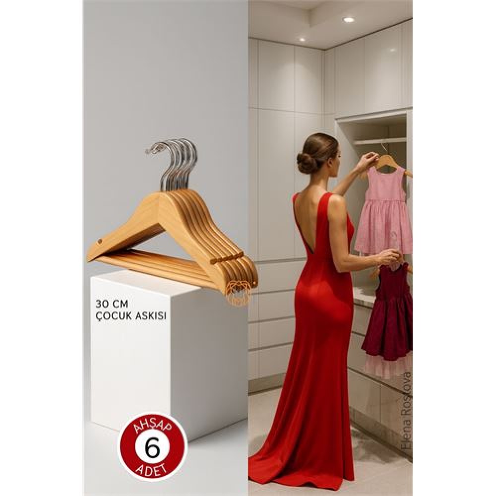 6'lı Lüks Masif Ahşap Çocuk Askı Seti - Elena Rostova Stil Seçkisi - 30 cm