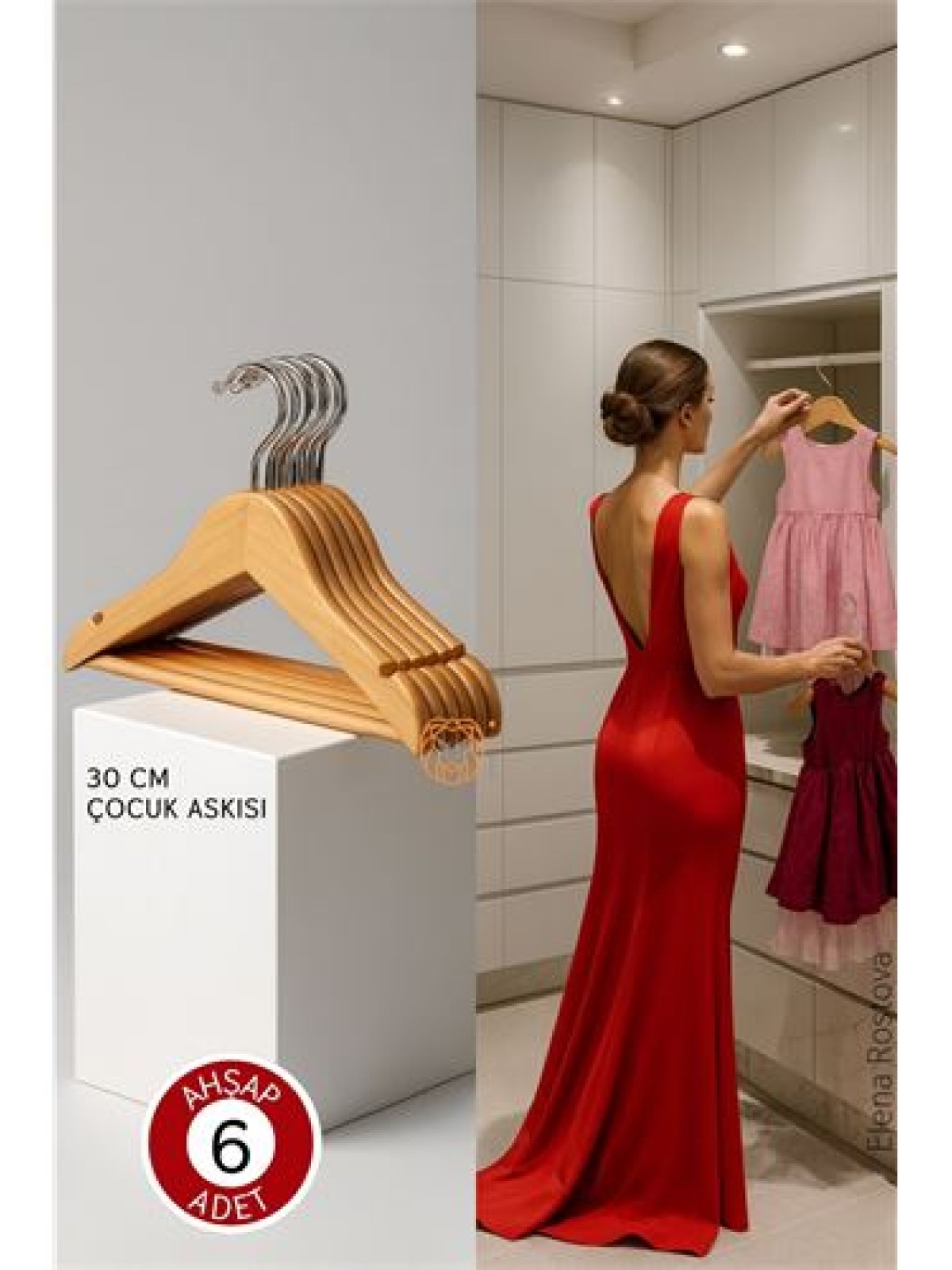 6'lı Lüks Masif Ahşap Çocuk Askı Seti - Elena Rostova Stil Seçkisi - 30 cm