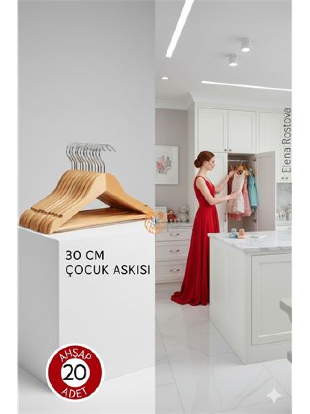 20'li Lüks Masif Ahşap Çocuk Askı Seti - Elena Rostova Stil Seçkisi - 30 cm