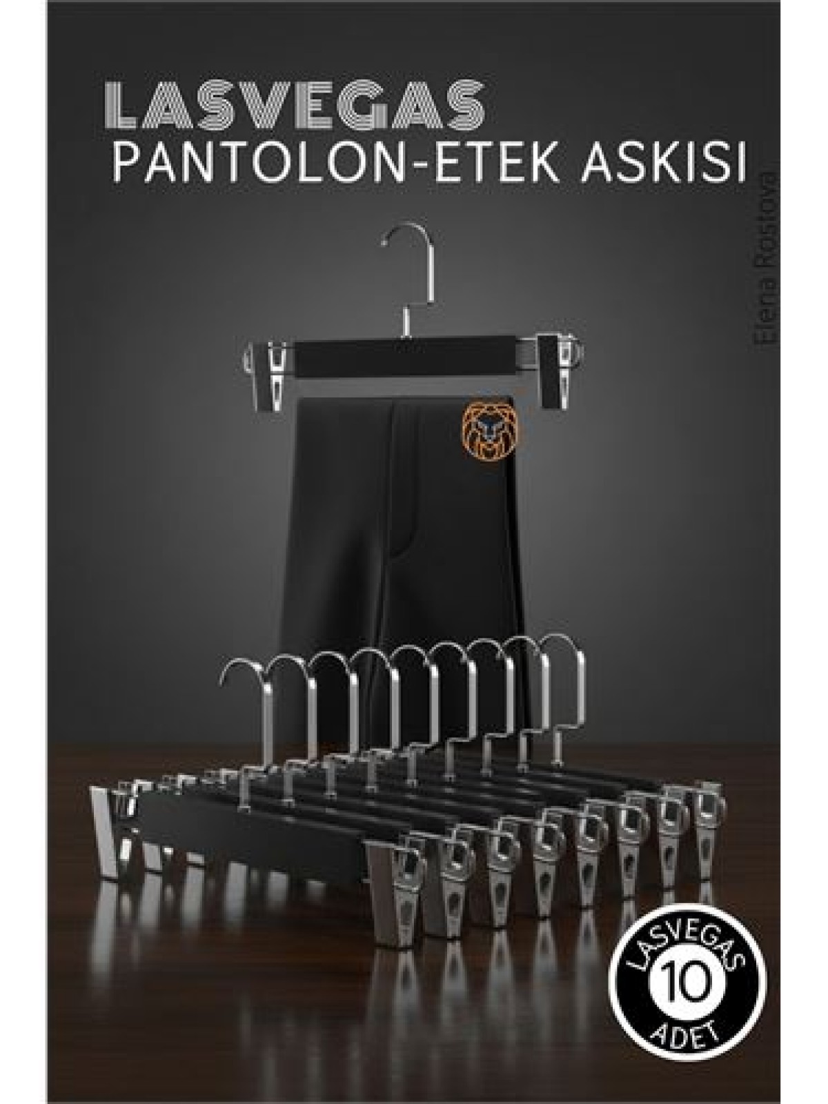 LasVegas  Siyah Ahşap Pantolon ve Etek Askı Seti 10'lu Set, Lüks Amerikan Kancalı