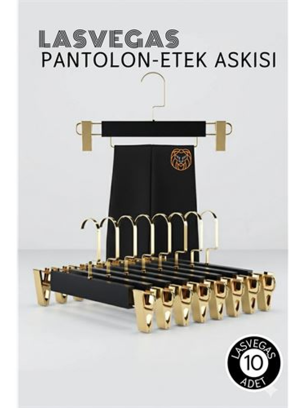 LasVegas  Siyah Ahşap Pantolon ve Etek Askı Seti 10'lu Set, Lüks Amerikan Kancalı