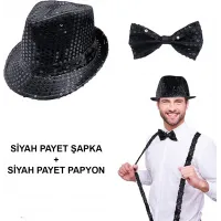 Siyah Payetli Şapka Ve Papyon Seti – Parıltılı Yetişkin Kostüm Seti