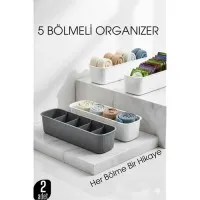 5 Bölmeli Dolap ve Çekmece İçi 2’li Set Organizer Kutusu (Gri & Beyaz)