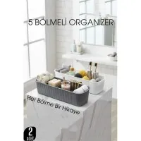 5 Bölmeli Banyo ve Makyaj Organizer Kutusu Gri & Beyaz 2’li Set  Tezgah Üstü Düzenleyici
